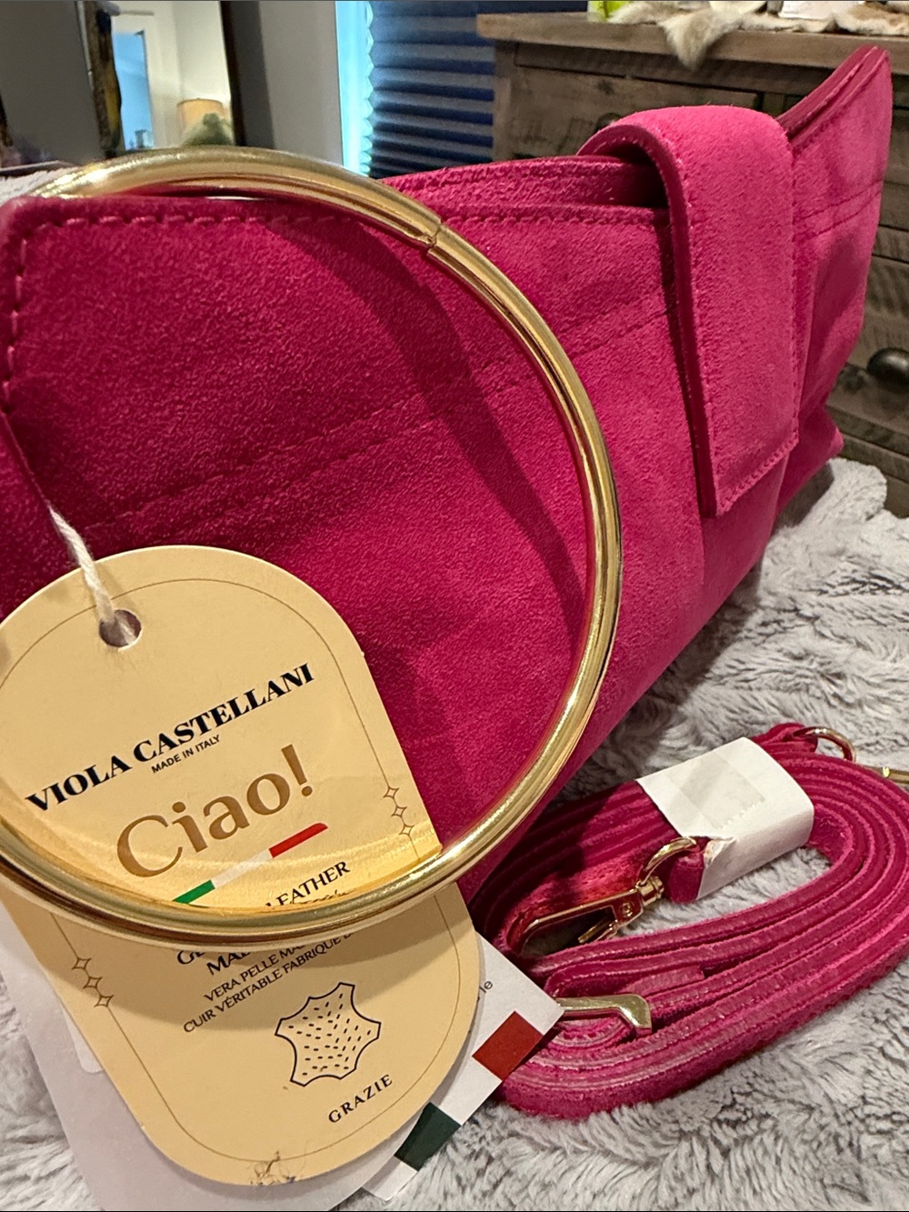 Viola Castellani Fuchsia Suede Ring-Handle Clutch with Shoulder Strap